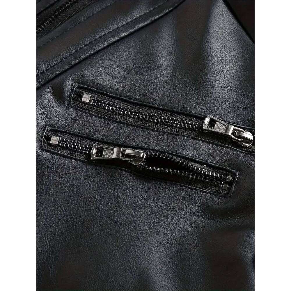 Man Casual Fashion Motorcycle Slim Fit Lapel PU Jackets Autumn Anti-Wind Leather Coat Male