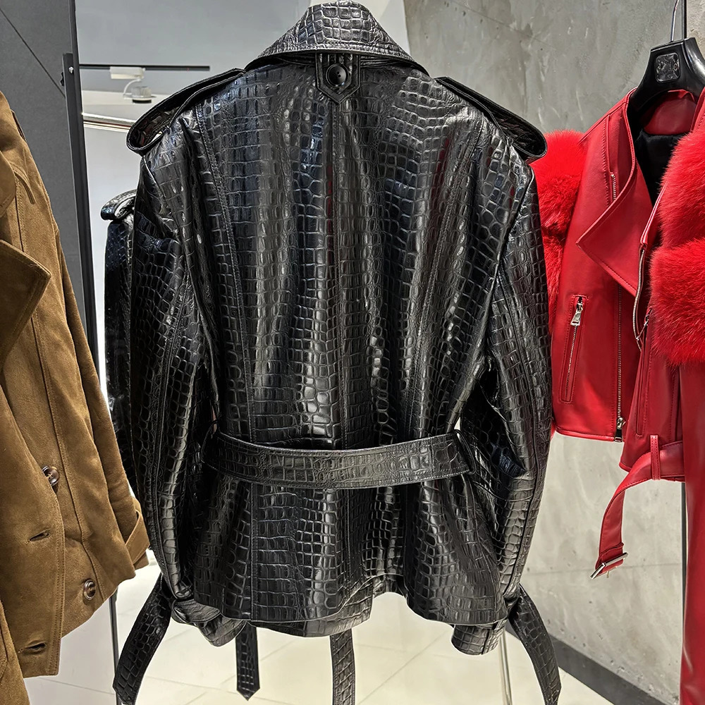 YOLOAgain Double Breasted Croc Pattern Leather Jacket Women Autumn Genuine Ladies 251021