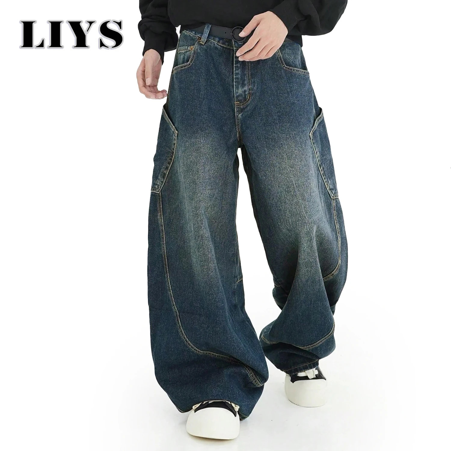 Mens Wear American Washed Denim Pants Vintage Threedimensional Large Pockets Cut Curved Knife Jeans Loose Fit Summer Trend 251017