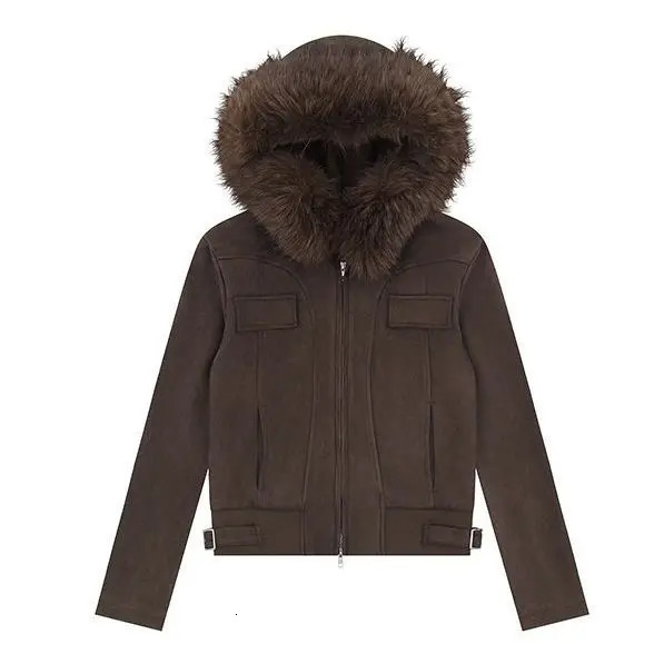 American girl big fur collar slim short jacket for women buckskin velvet waist slimming hooded cardigan sweatshirt 251021