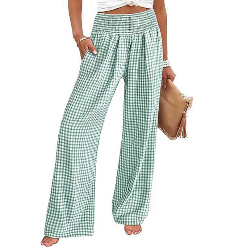 Elegant Retro Solid Baggy Pants Women Loose Elastic High Waist Pocket Plaid Printed Wide Leg Pants For Women Casual TrousersT251022