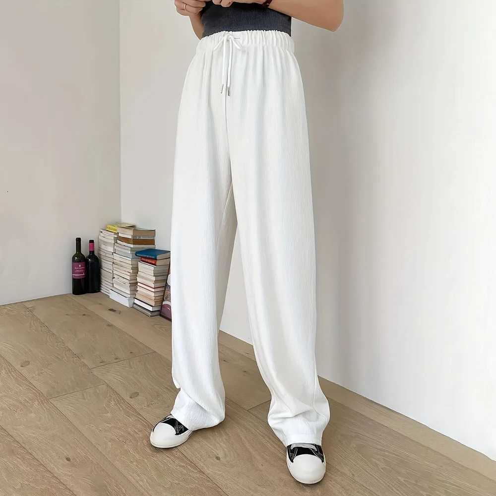 Fashion Womens Solid Color Long Pants Drawstring Design White Wide Leg Trousers Joggers Loose Fit Casual Streetwear PantT251022
