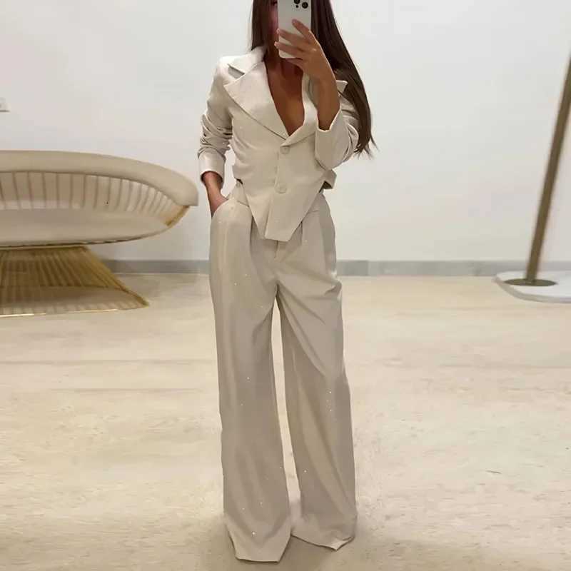 New Diamonds Shiny Womens Suit Elegant Turndown Collar Button Irregular JacketHigh Waist Pants Sets Long Sleeve Autumn OutfitT251022