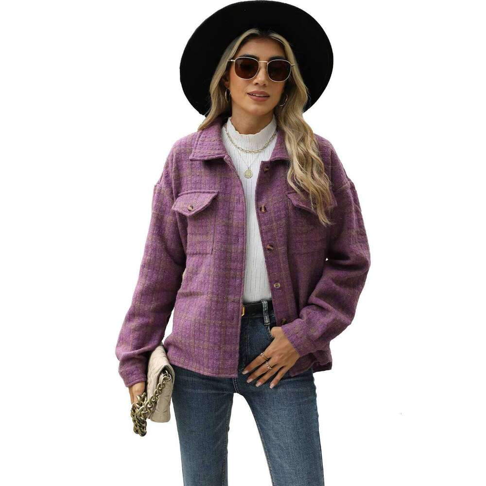Women Blends Lapel Wool Cardigan Coats Plaid Single Breasted Office Lady Jacket Pockets Long Sleeve Outerwear Casual