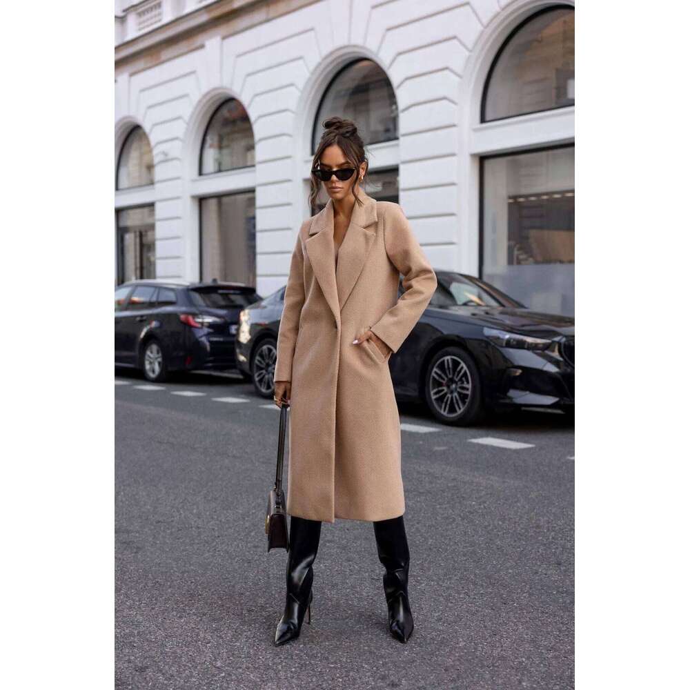 Womens Trench Winter Notched Lapel One Button Mid-Long Pea Coat Casual Work+Office Overcoats Jacket with Pockets