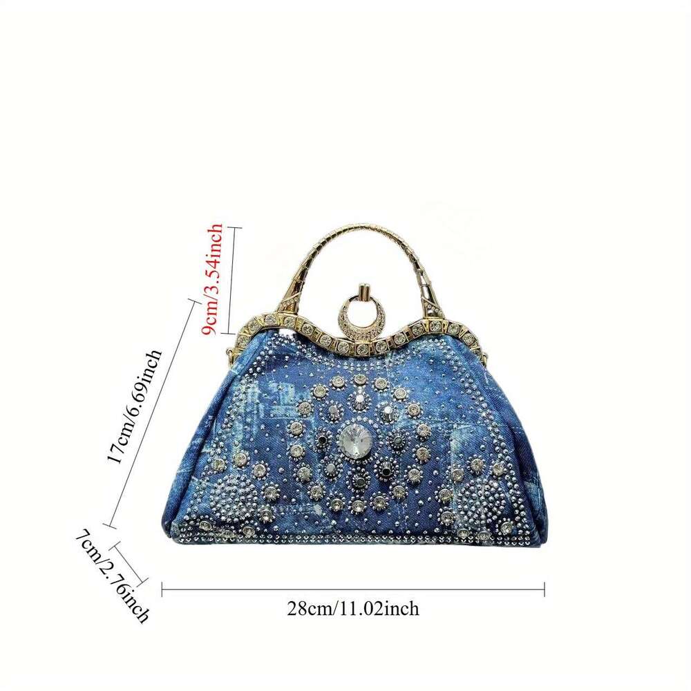 Women's Elegant Y2k Street Style Blue Floral Rhinestone Bag With Detachable Strap & Clasp Closure - Versatile For Work, Commuting, Dating, Partie