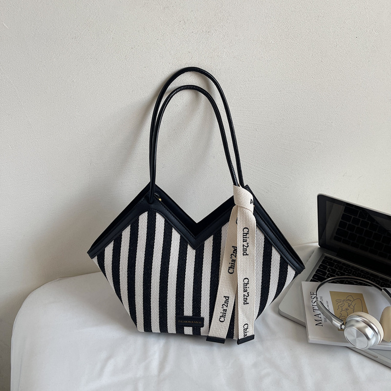 Luxury Brand Designer Bag 2025 New Women's Bag Urban Simple Color-Block Striped Shoulder Bag High-End Ribbon Commuting Tote Bag