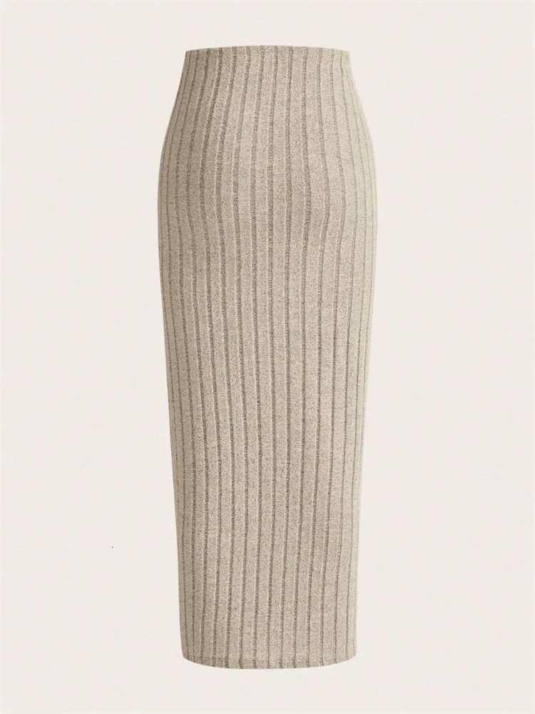 Casual Solid Color Ribbed Knit Pencil Skirt Women Autumn Spring High Waist Elegant Slim Fit Long Skirt Streetwear 251022
