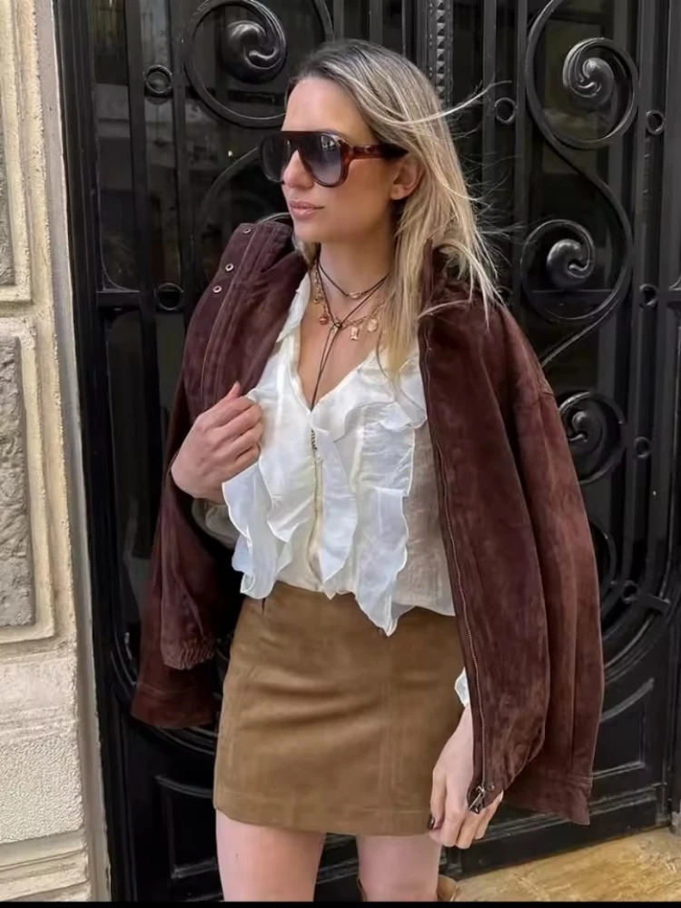 Winter Vintage Brown Suede Loose Jackets Women Casual Stand Collar Pocket Thick Coat Autumn Warm Overcoat Streetwear 251021