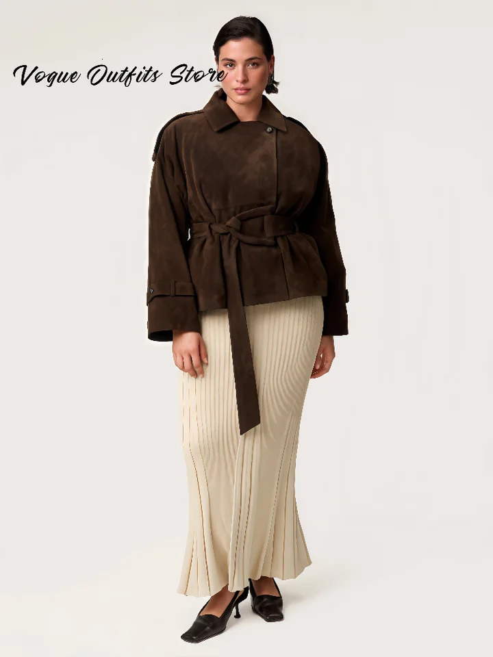 Chic Belt Brown Suede Jackets Women Loose Lapel Single Breasted Full Sleeve Jacket Autumn Lady Street Vintage Outwear 251020