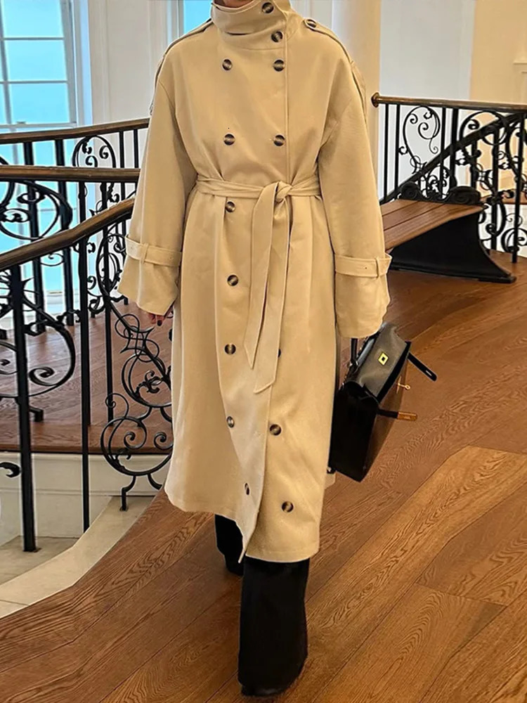 Womens Trench Coat Double Breasted Stand Collar Epaulet Lace Up Long Windbreaker Office Lady Autumn Winter Solid Slim Outerwear 251021