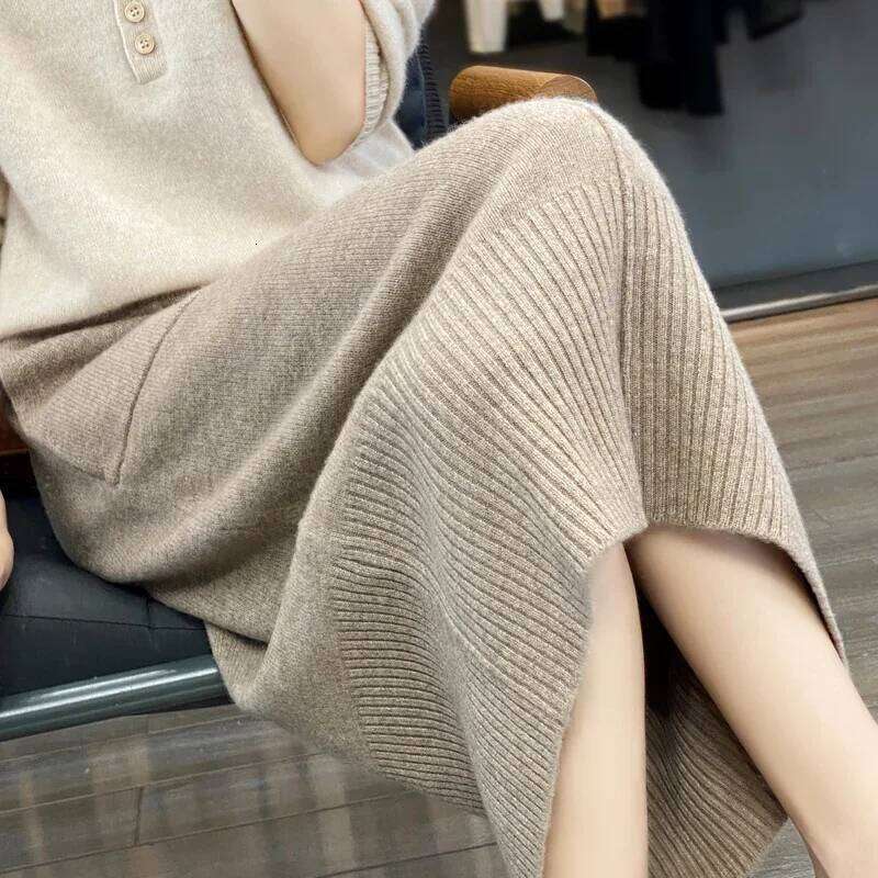 Women's Knitted Cashmere Double Pocket 100% Pure Wool Commuter Joker Straight Skirt For Autumn Winter New 251022