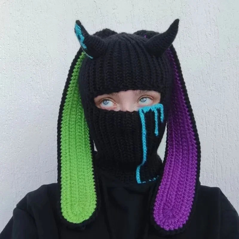 Unisex manual Knit Hat Halloween Devil Horn 1 Hole Balaclava Y2K Vintage Gothic Winter Warm Wind Proof Beanie Cap 251014
