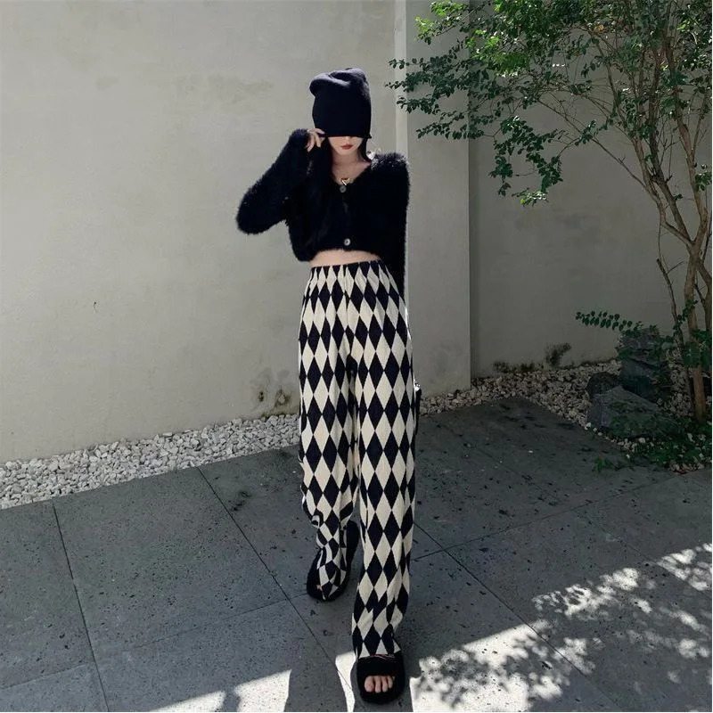 Spring and Summer Minimalist Black and White Diamond Checkered High Waist Casual Loose Fashion Pleated Floor Mop Pants 251016