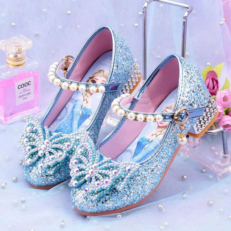 Disney Princess Kids Leather Shoes for Girls Flower Casual Glitter Children High Heel Girls Shoes Butterfly Knot Blue Pink Silver H251022