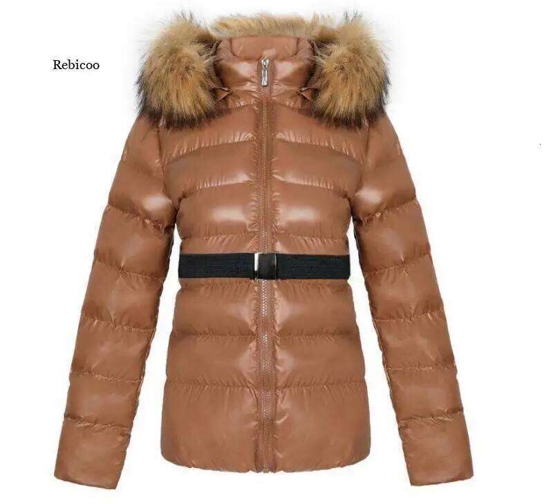 Parka Women Casual Padded Pu Leather Jacket Solid Hooded Long Sleeve Zip-Up Thick Warm Short Coat With Belt