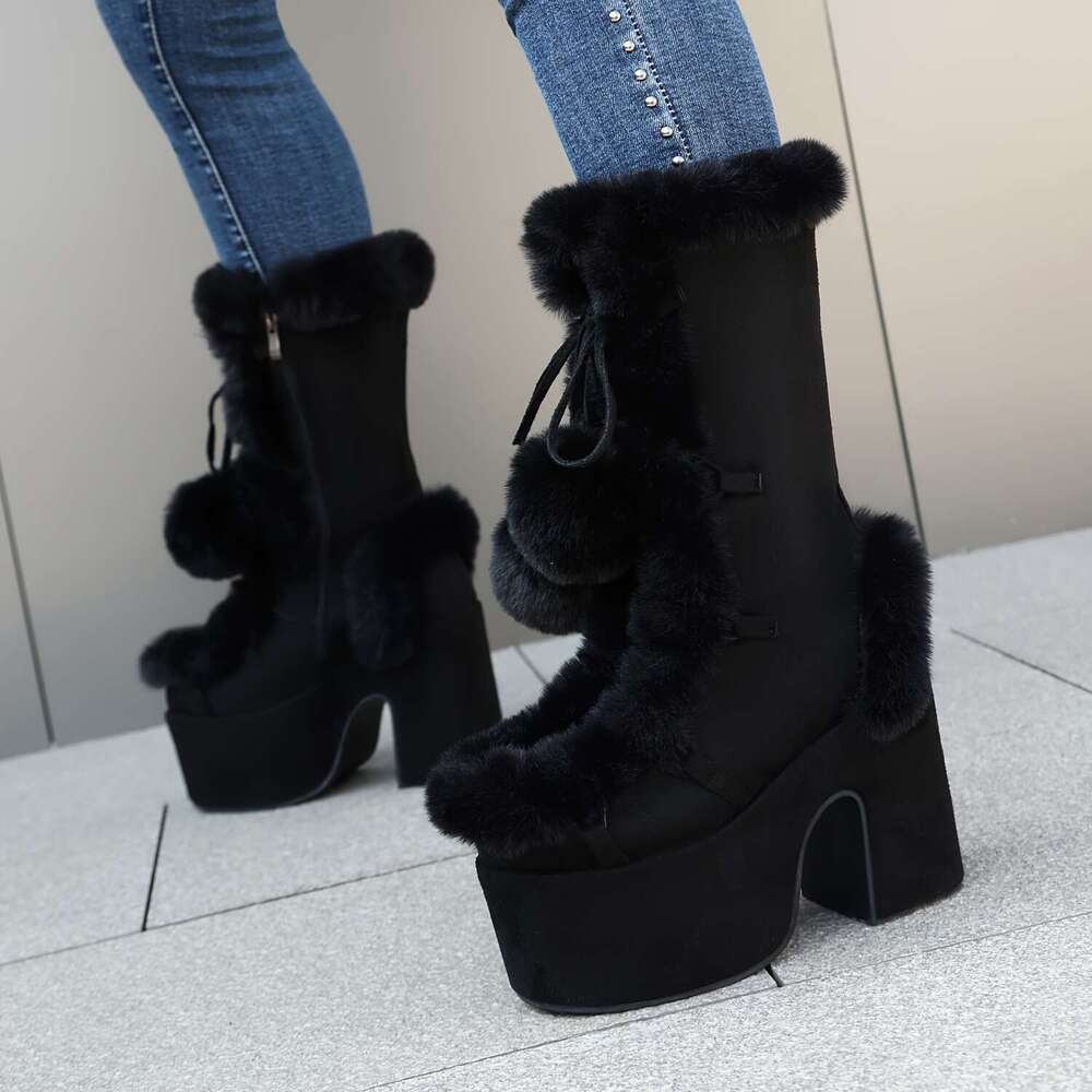 Women's Solid Color Boots, Side Zipper Pull On Platform Warm Plush Lined Chunky Heels, Non-Slip Y2k Fluffy Ball Boots