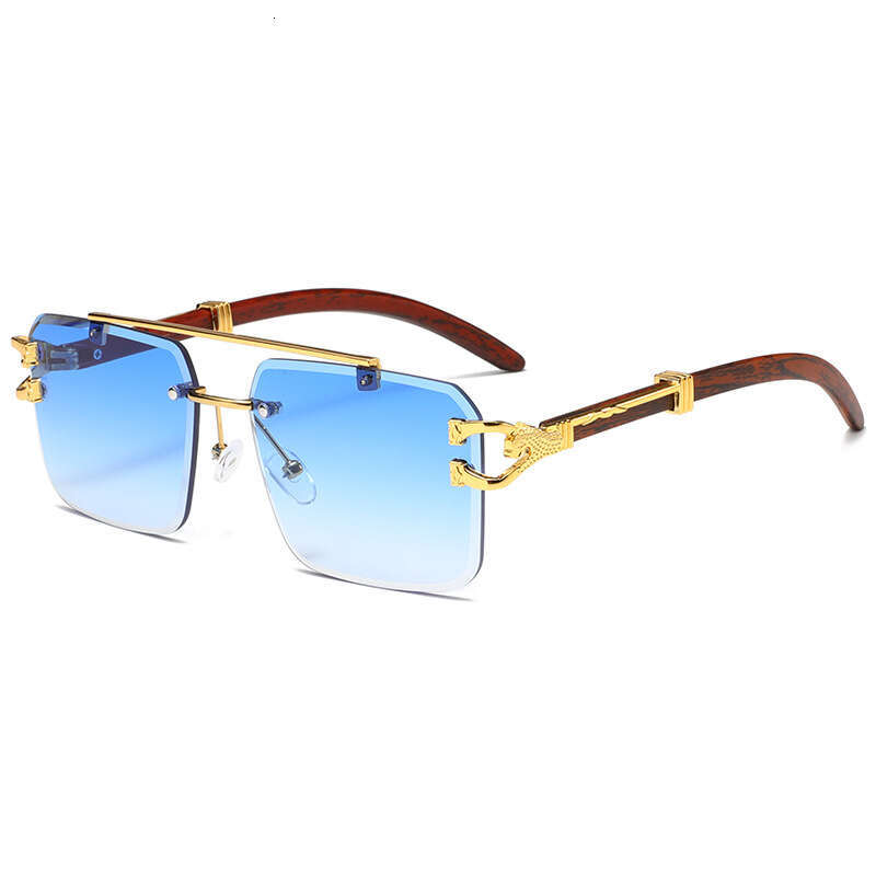Wood Grain Leopard Decor Frameless Crossbar Square Sunglasses Fashion Gradient Colorful Lens