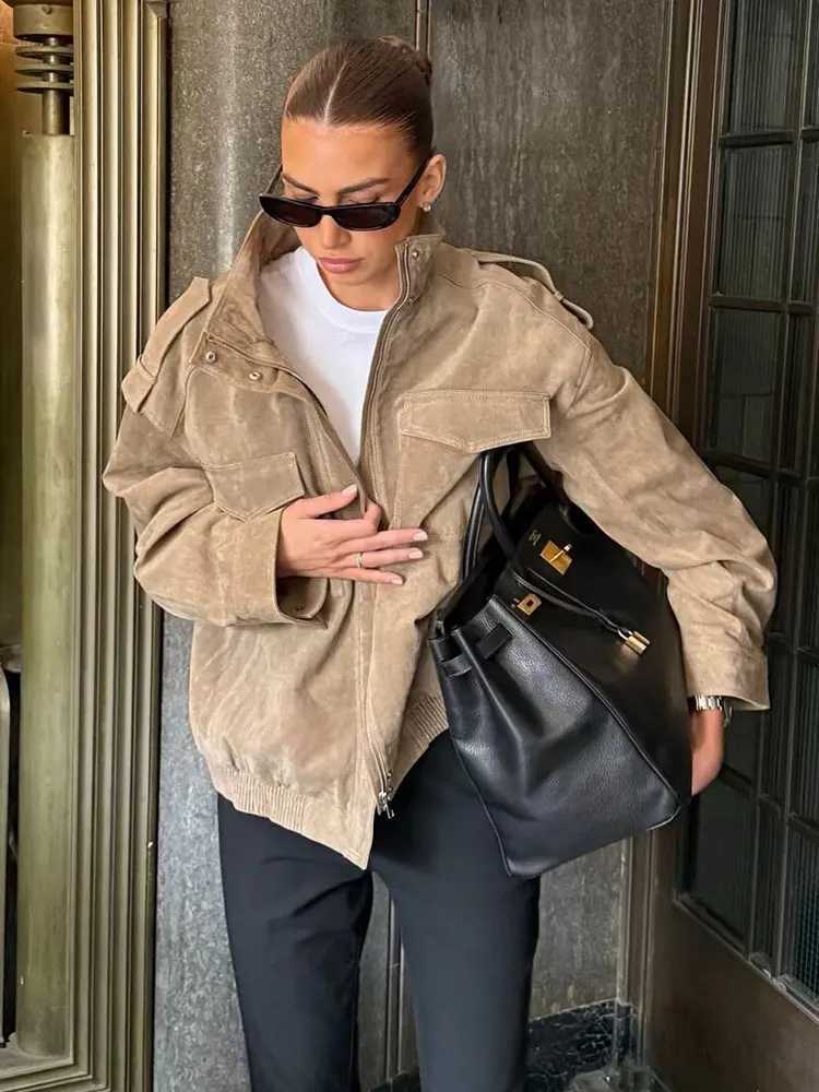 HH Jacket For Women Fashion Zipper Bomber Jackets Long Sleeve Pocket Coats 2025 Autumn Fashion Lady Jacket Solid Streetwear Y251105
