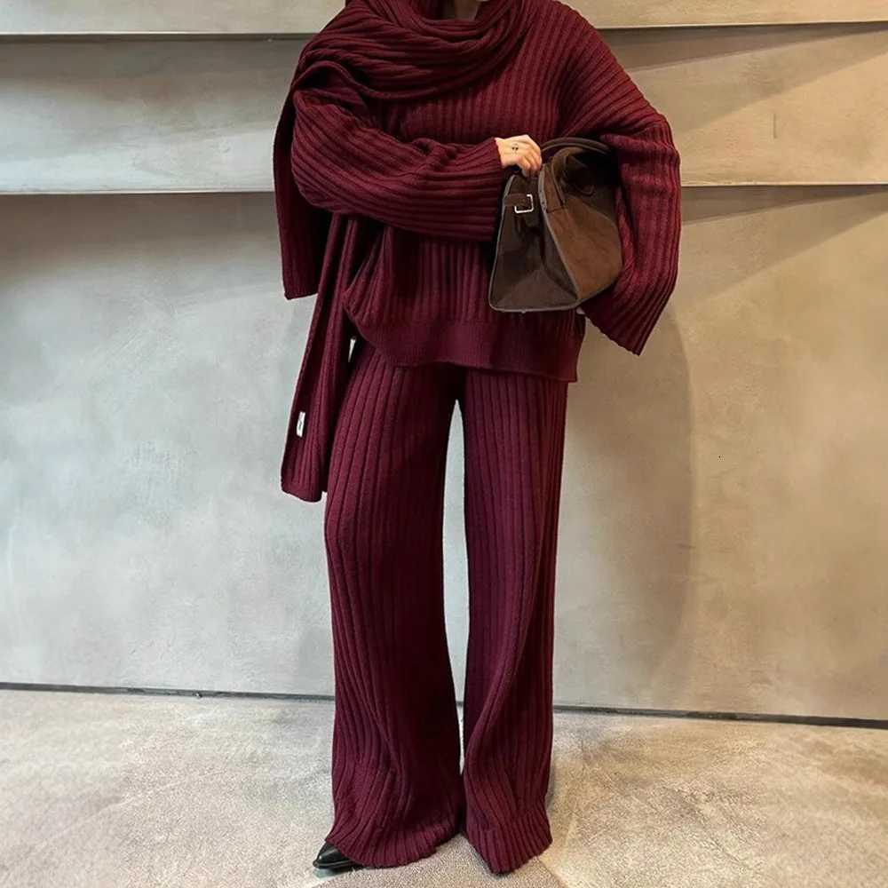 Women Tracksuit Knitted Sweaters Matching Sets Full Length Wide Leg Trousers V Neck Jumpers Three Pieces Scarf Casual SolidT251022