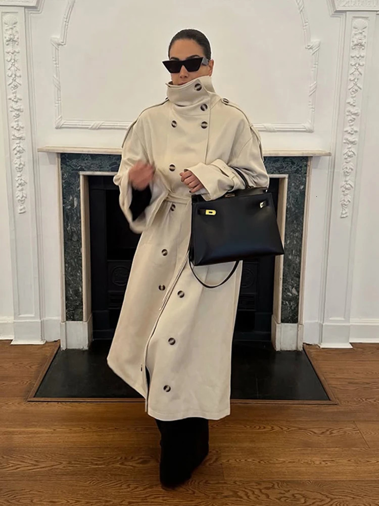 Womens Trench Coat Double Breasted Stand Collar Epaulet Lace Up Long Windbreaker Office Lady Autumn Winter Solid Slim Outerwear 251021