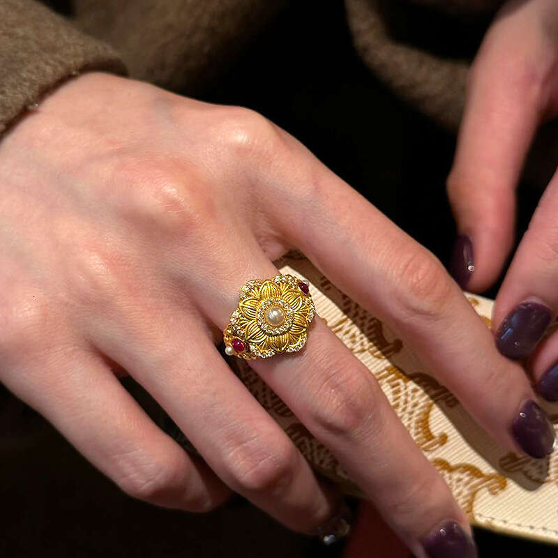 Blooming Flowers Small Gold Flower Pearl Ancient Method New Chinese Style Fortune Lotus Ring
