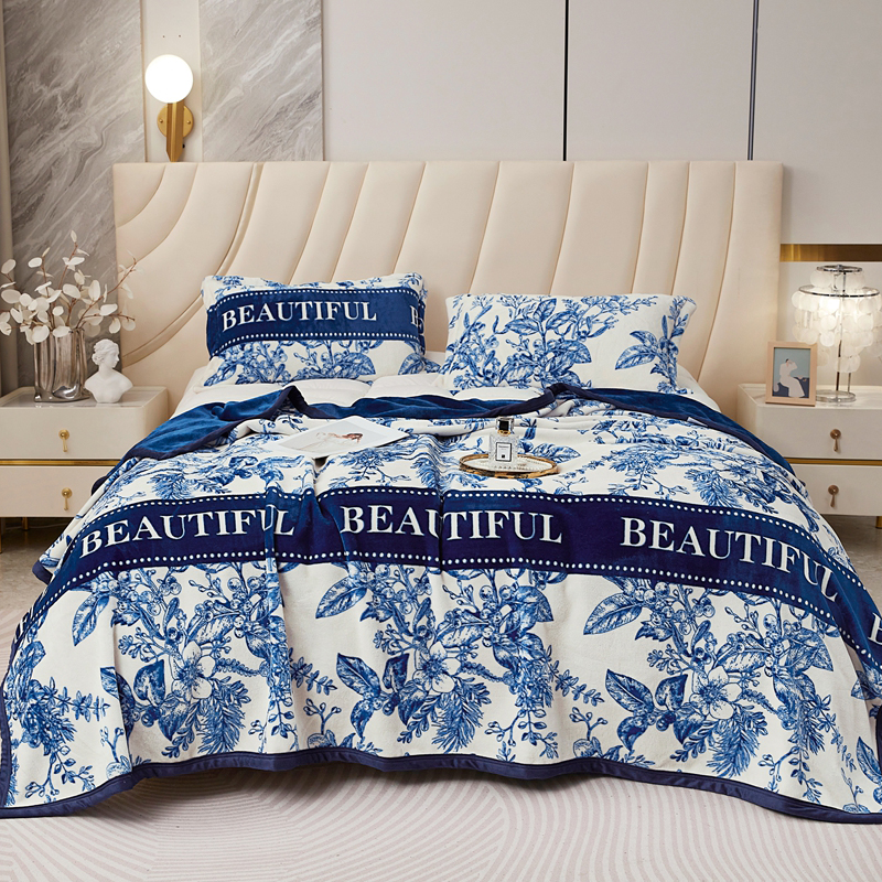 Designer Luxury Brand Skin-friendly Soft Throw Milk Fluff Nap Blanket with Plants and Flowers Camellia Pattern for Office /Bedroom /Travel /Gift W2603