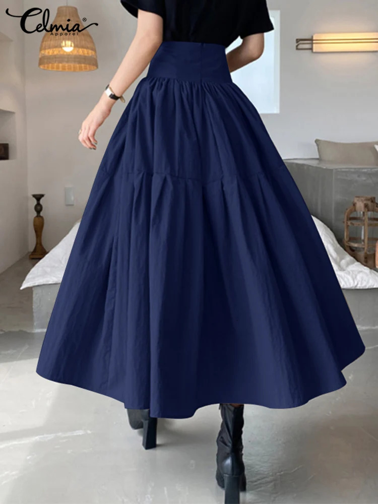 Celmia High Waist Swing Long Skirt Women Fashion Pleated Zipper Party Jupe Casual Loose Aline Skirt 2025 Vintage Beach Skirt 251022