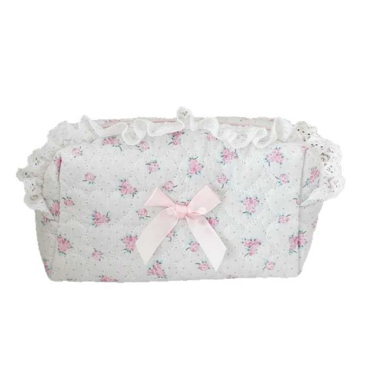 Bow Floral Women Quilted Cotton Cosmetic Bag Sweet Versatile Female Storage Bag Clutch Portable Commuter Ladies Purse HandbagsW251021