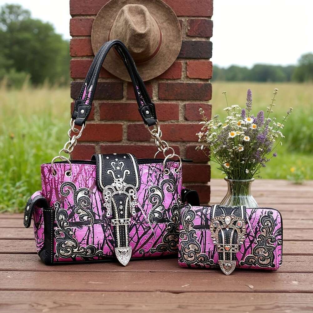 Women's Western Cowgirl Crossbody Bag Set Camouflage Crown Buckle, Rhinestone-Adorned Floral Shine Glow Design, Detachable Strap & Zipper Closure