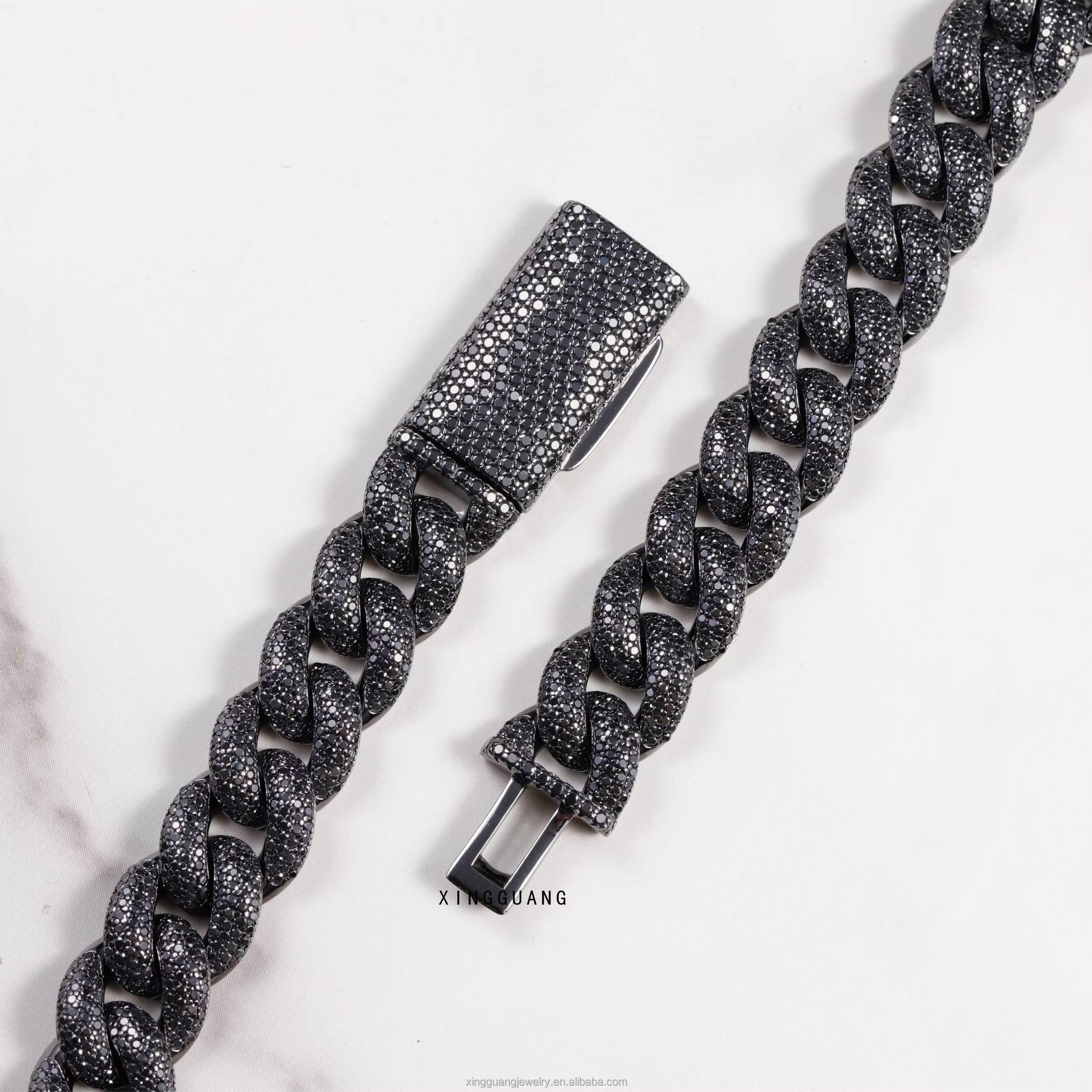 VVS Moissanite Cuban Chain Jewelry 13mm S925 Silver Black Plated Hip Hop Necklace for Men Black Diamond Cuban Lidynamic Chain