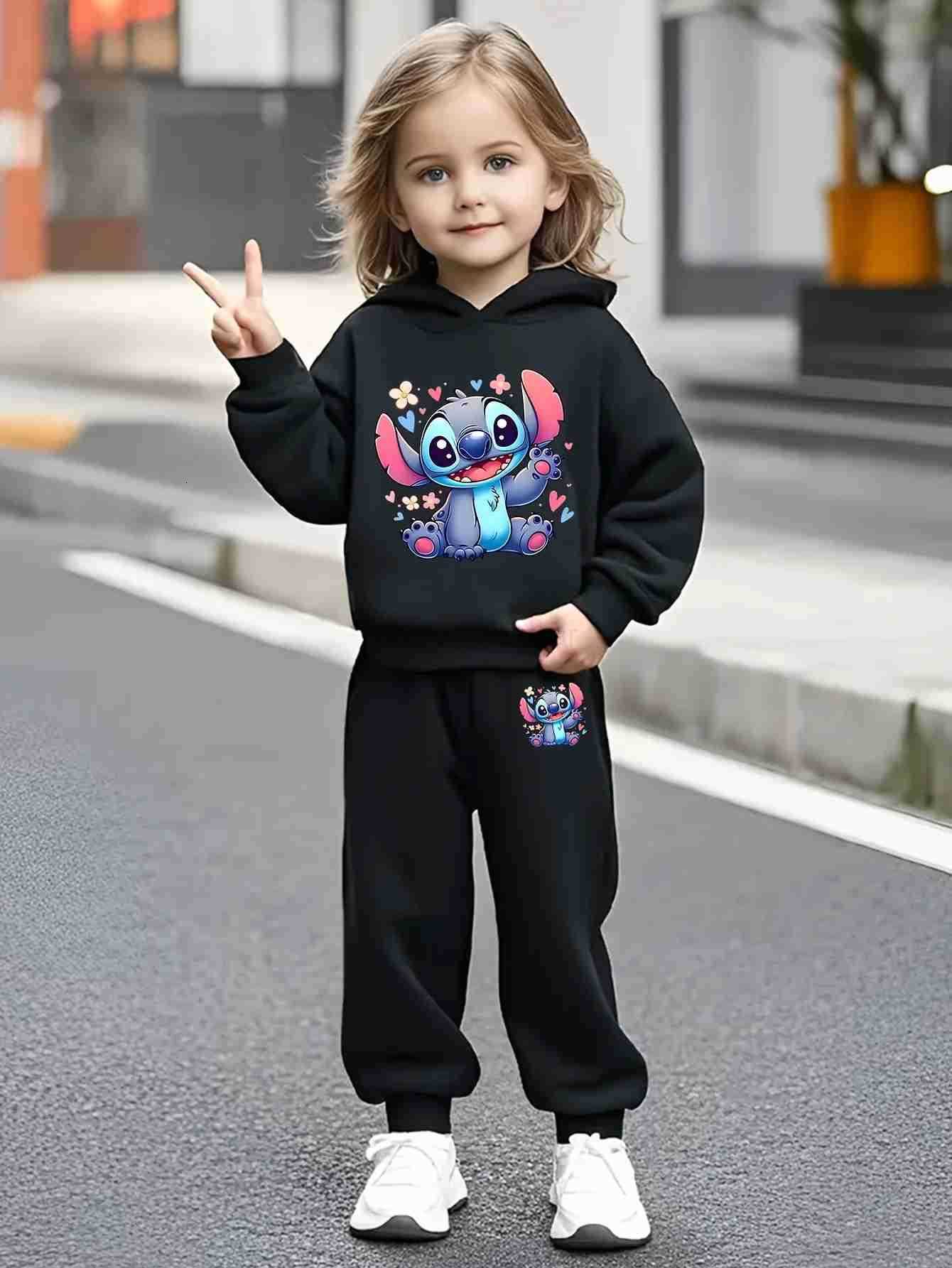 Disney Stitch cartoon print childrens autumn and winter plush trousers set boys and girls casual sports 2piece sweatshirt H251022