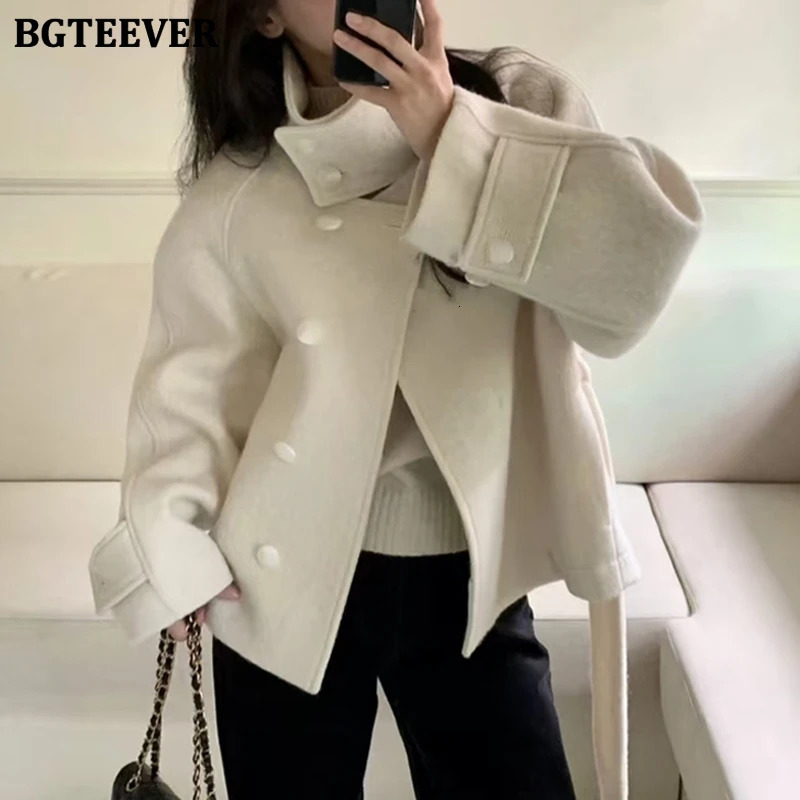 BGTEEVER Elegant Thicken Warm Stand Collar Female Woolen Coats Long Sleeve Singlebreasted Laceup Women Blend Jackets 251021