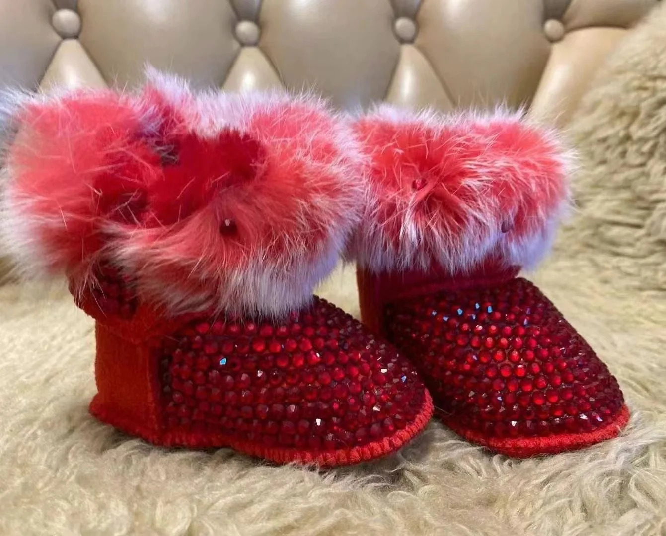 Rabbit Fur Handmade Shoes Crystal Baby Snow Boot Warm Furry First Walkers Slippers Infant Rhinestones Pearls Botties 251022