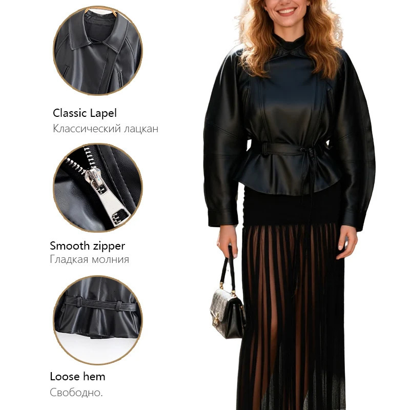 Womens black faux leather belt jacket with a collar trendy and fashionable autumn winter coat 251106