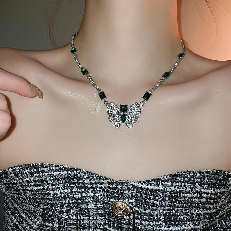 Silver Needle Inlaid Diamond Butterfly Green Square Earrings Necklace Set Exaggerated Collarbone Chain Light Luxury High-end Jewelry for Women - view 8