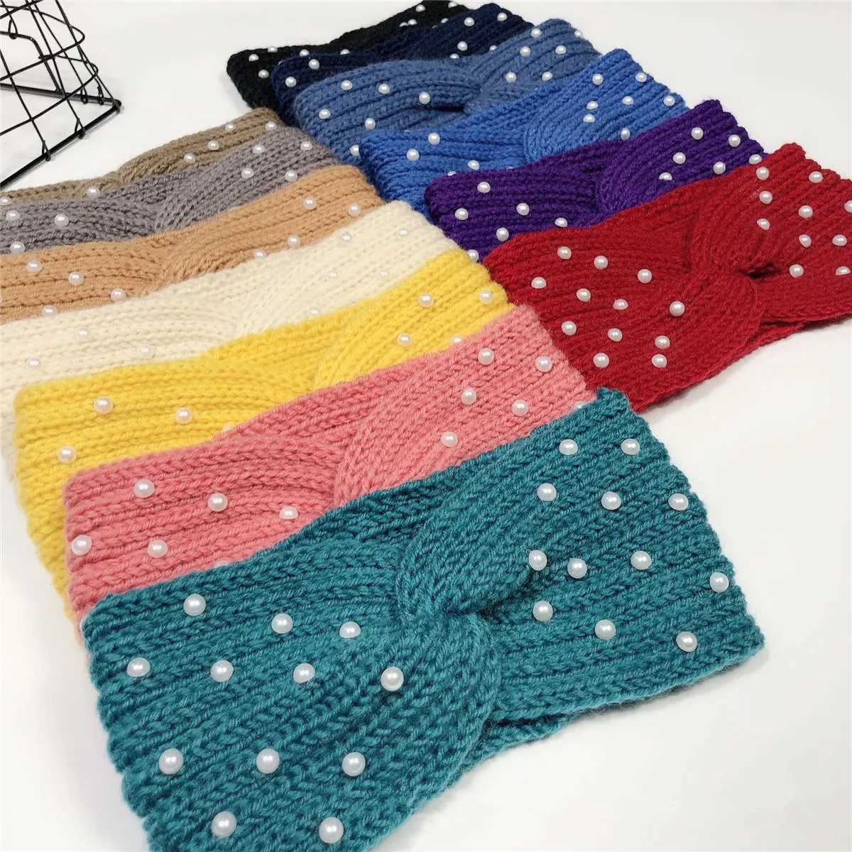 New Pearl Knitted Cross Headbands For Women Girls Handmade Hair Accessories Autumn Winter Headwear Ear Warmer Elastic Hair band V251022