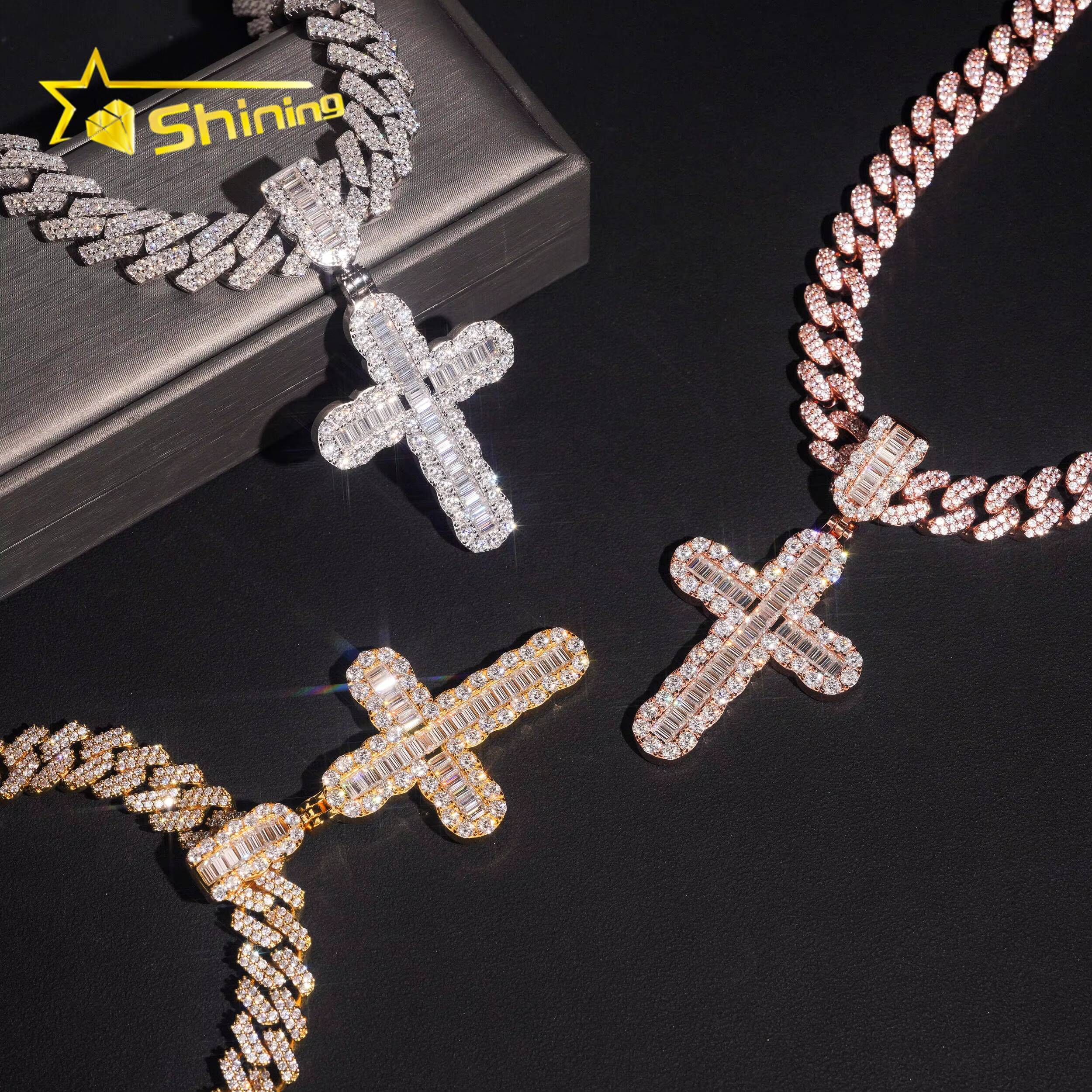 New Arrivals Hip Hop Style Rapper Jewelry 925 Silver Baguette Charms Moissanite Cross Pendant