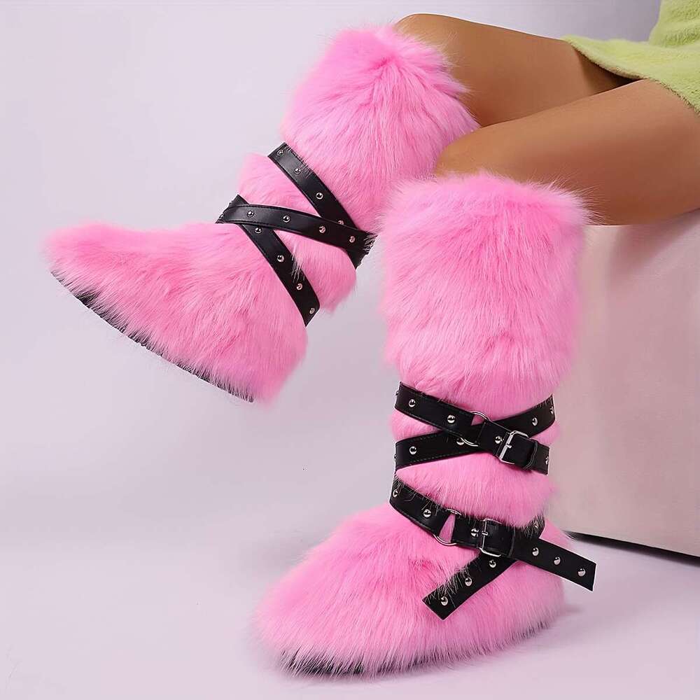 Women's Faux Fur Knee-High Buckle Stud Decorations Punk Style Plush Lining, Round Toe Flat Sole, Soft Microfiber Upper Rubber Outsole Cozy Indoor