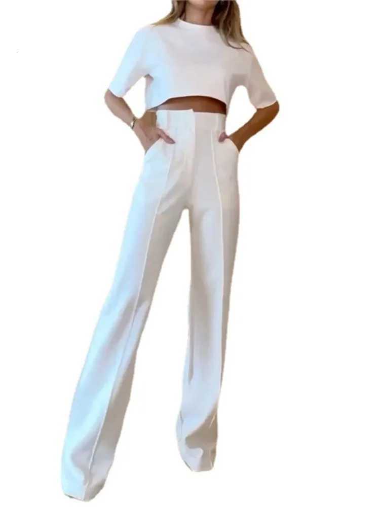 Fashion Solid Color Pants Sets Women O Neck Cropped Top High Waist Straight Trousers Two Piece Set Summer New Female StreetwearT251022