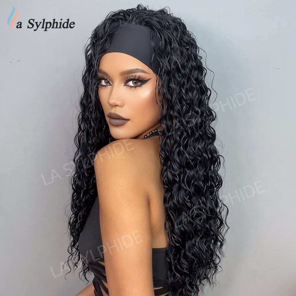 New Hairband Wig For Women, Black Small Curls, Brown Long Straight Hair, Hine-Made High-Temperature Fiber