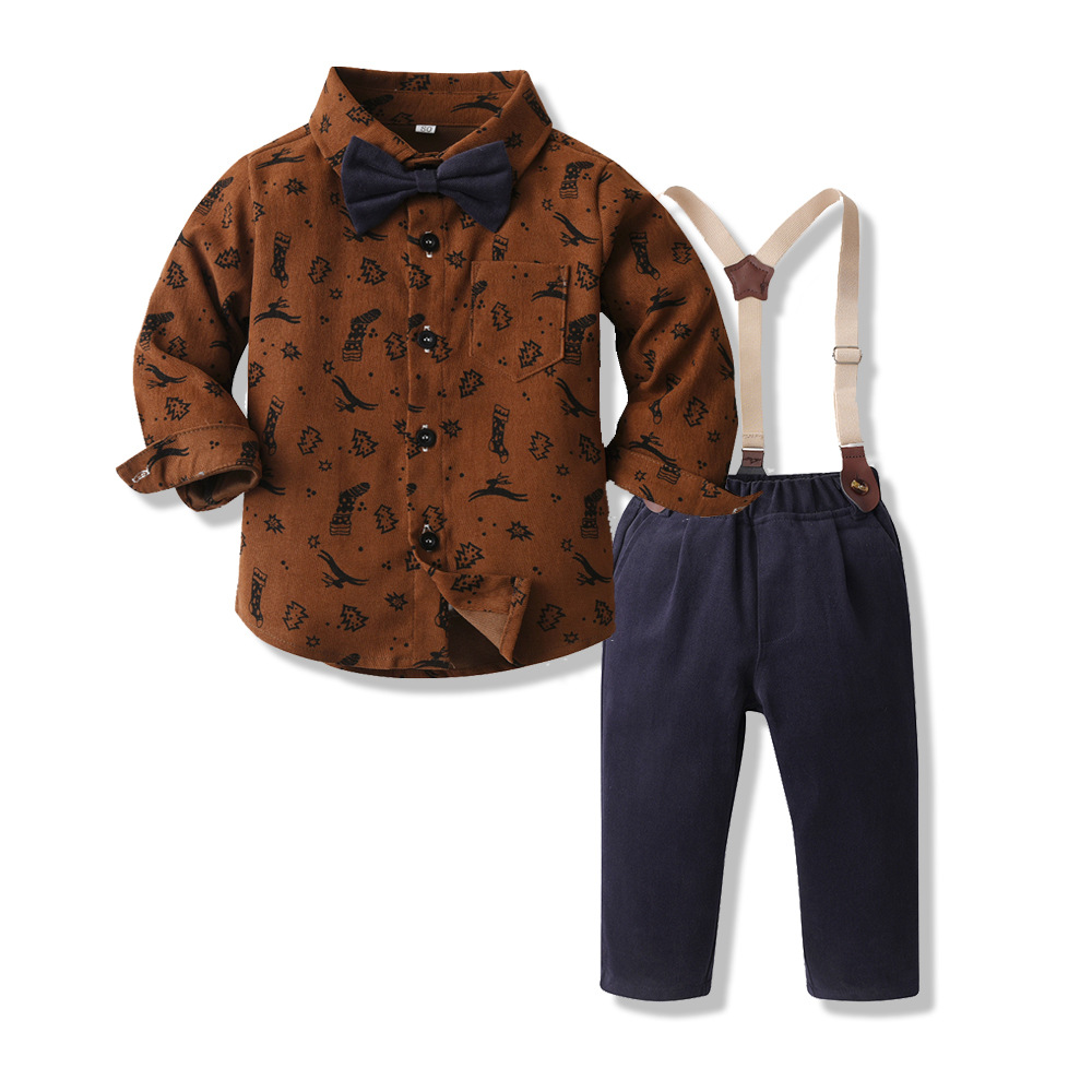 Kids' Autumn Christmas Outfit Foreign Trade Long-Sleeve Shirt & Suspender Pants Set Toddler Boys' Formal Birthday Wear