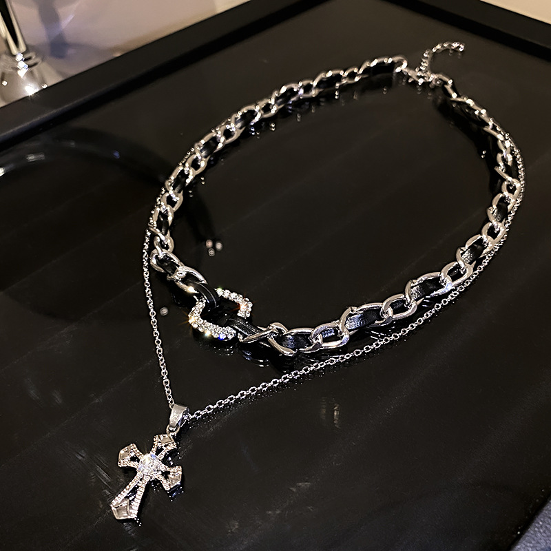 Simple Faux Leather Dia-Studded Cross Double-Layer Necklace Internet Celebrity Style Elegant Women's Jewelry - view 6
