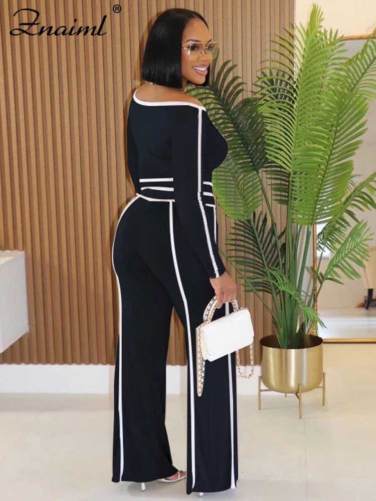 Znaiml Women Sporty Black 2Piece Set Casual Streetwear OffShoulder Crop Top with Full Sleeve High Waist Wide Leg Pants OutfitT251022