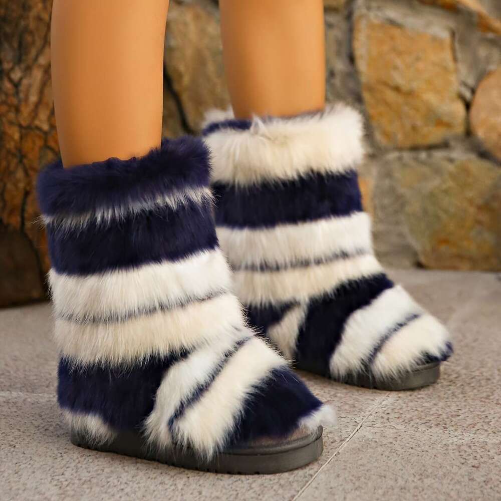Trendy Fuzzy Faux Fur Plush Thermal Furry Boots, Casual Versatile Flat Wear Resistance Non Slip Snow Shoes