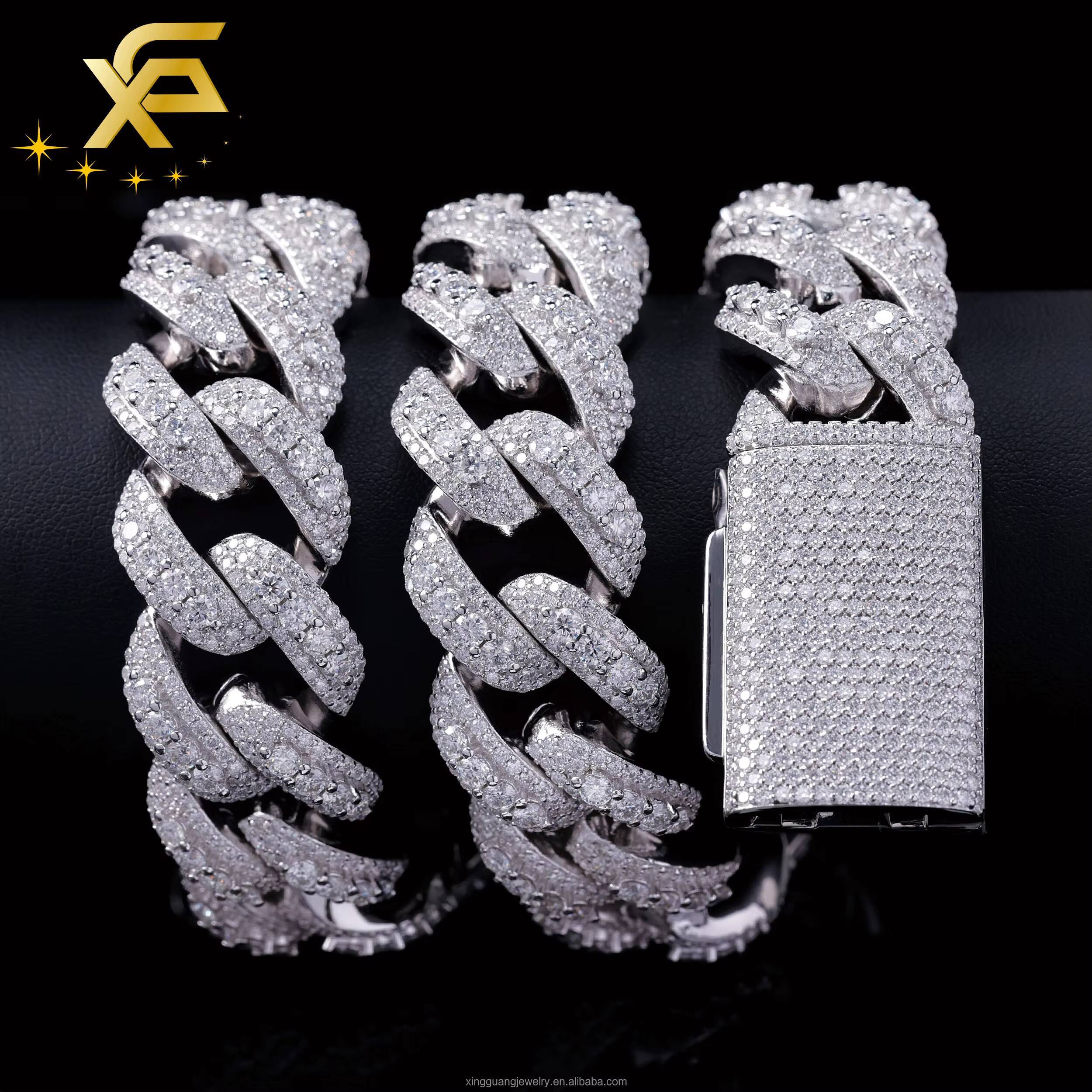 XingGuang Best boutique 22mm Three Rows Moon Shape Ice Out Cuban Chain S925 Silver VVS Moissanite Chain Men Rapper Hiphop Necklace
