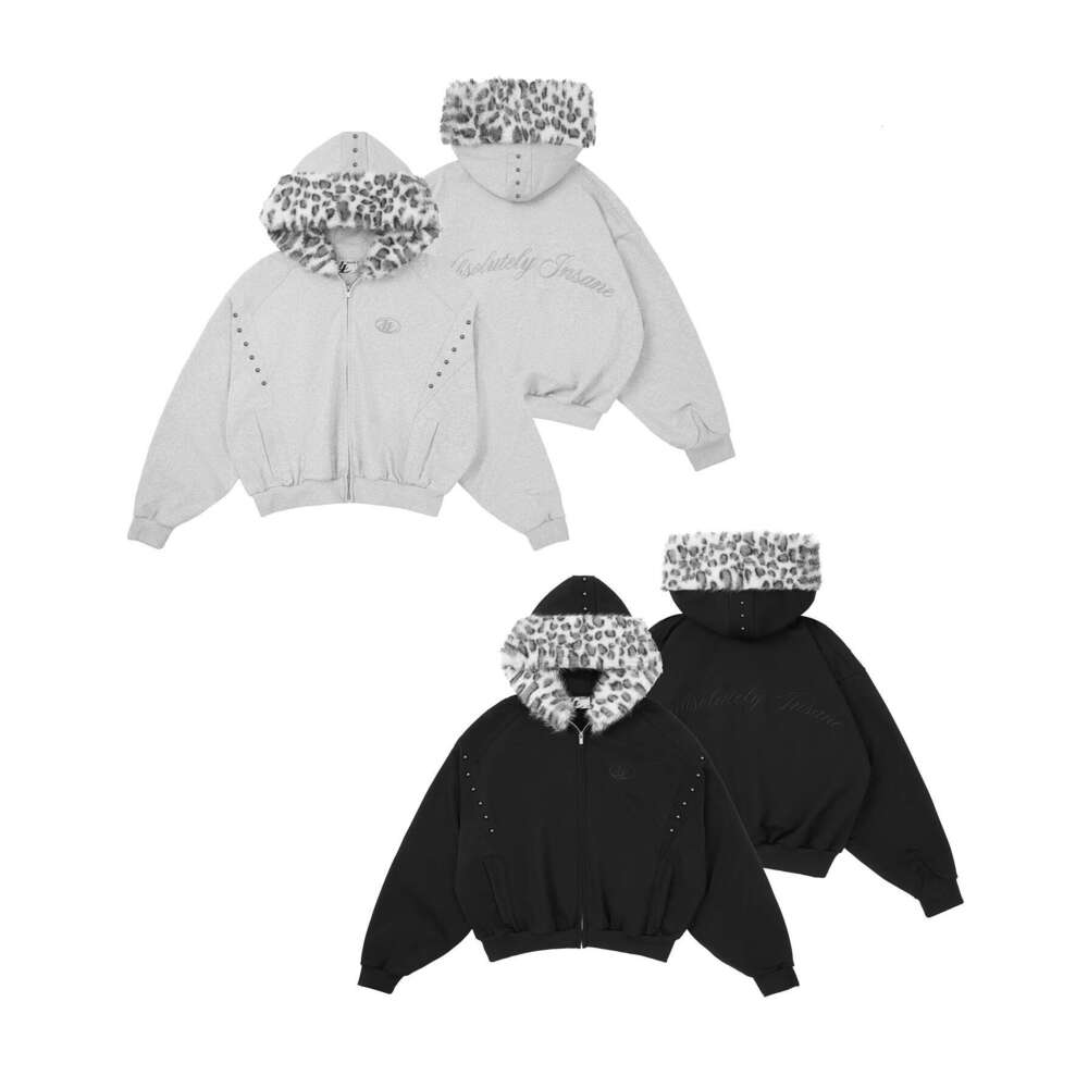 New Hoodie Leopard Fleece Design Letter Pattern Print Street Style Unisex Sweatshirt