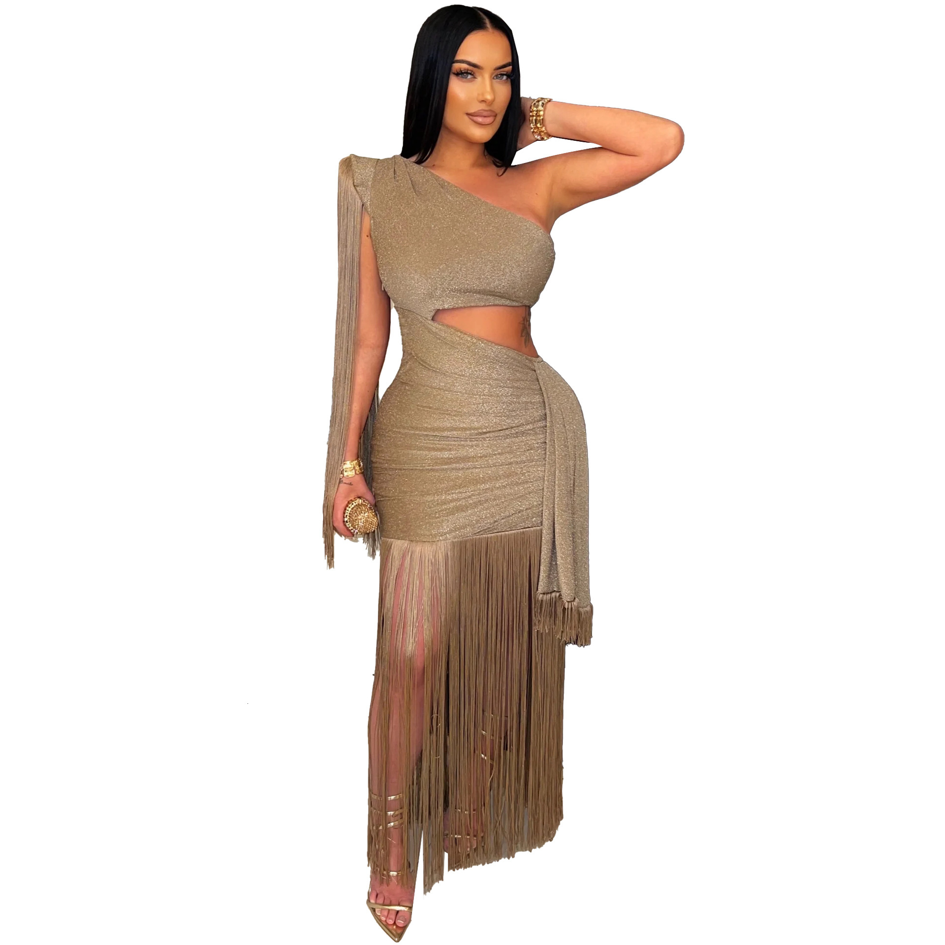New fashion designer with European and American style, asymmetrical single shoulder tassel long skirt, women's favorite