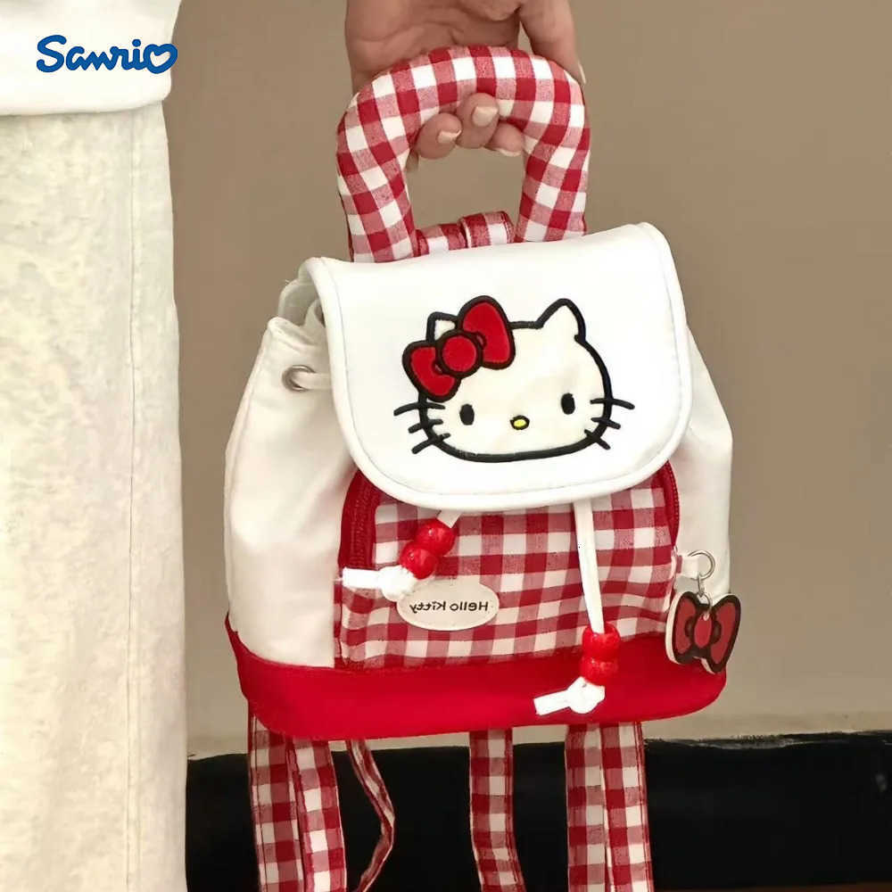 Sanrio Kawaii HelloKitty Girl Commuter Backpack Portable Drawstring Lid Red Checked Kt Cat College Style School Bag Textured Travel Bag L251022