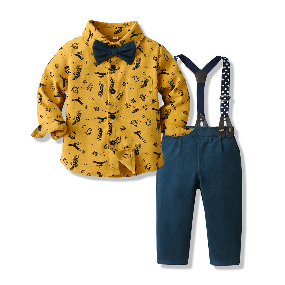 Kids' Autumn Christmas Outfit Foreign Trade Long-Sleeve Shirt & Suspender Pants Set Toddler Boys' Formal Birthday Wear